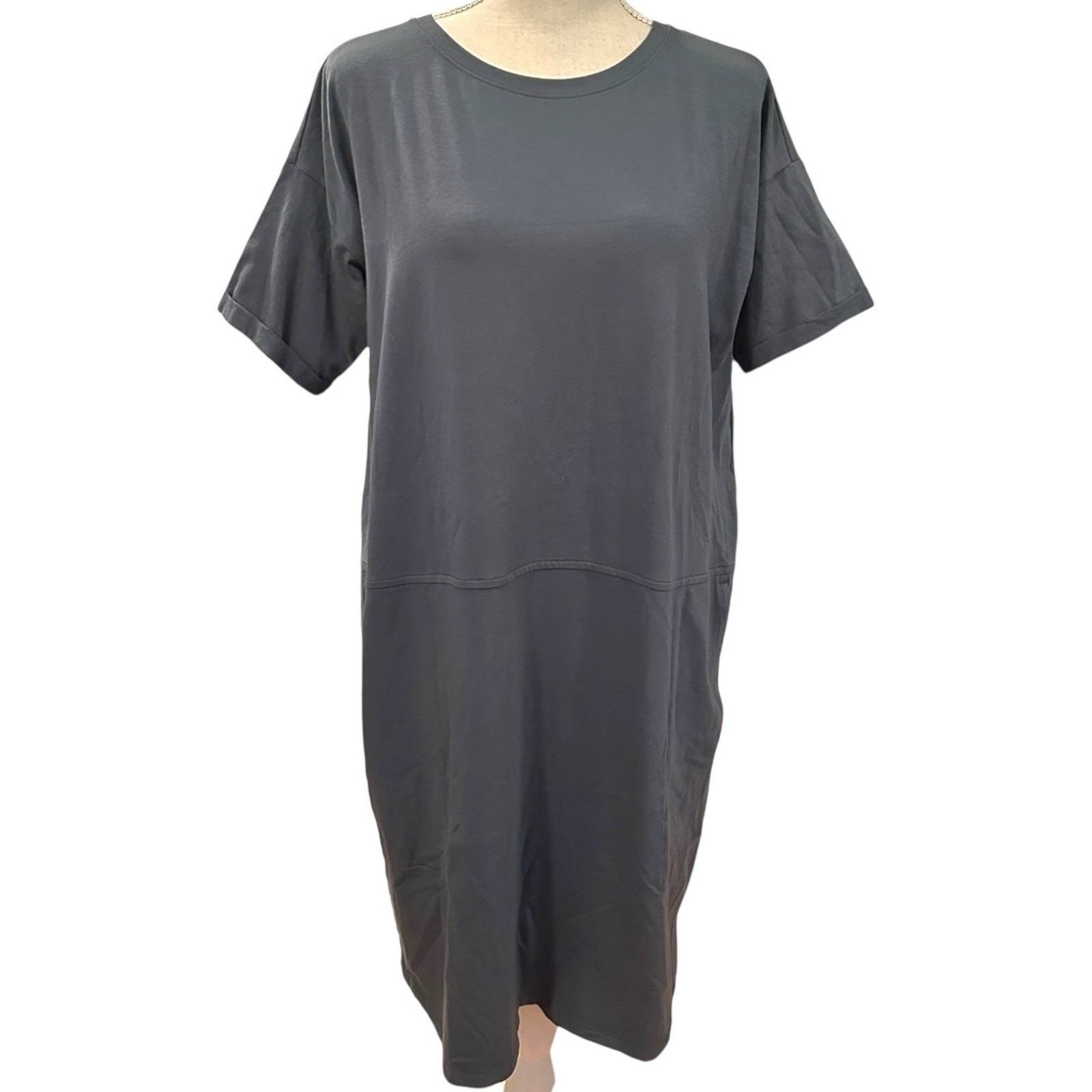 Nwt Eileen Fisher Organic-Cotton Jersey Round-Neck Dress Pockets Pm Lagenlook